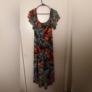 Tropical Print Ruffled Shoulder Dress - Olive with Coral & Teal